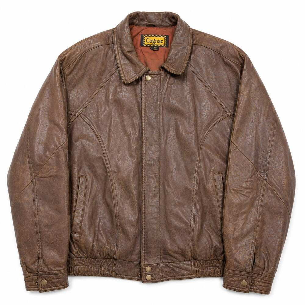 Vintage Cognac Leather Bomber Jacket Size L